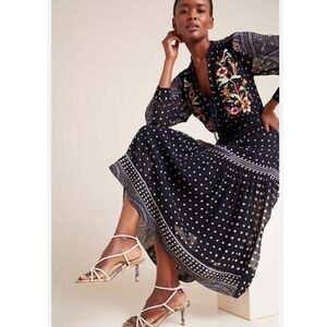 Anthropologie Navy Floral Embroidered Dress
